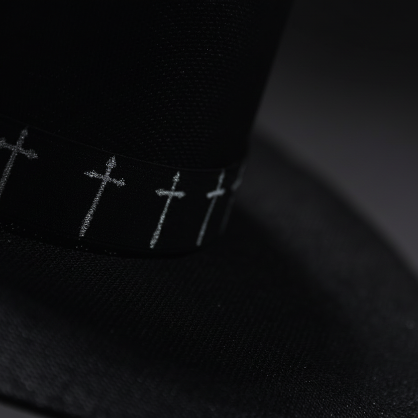 Black hat with white cross patterns on a dark background